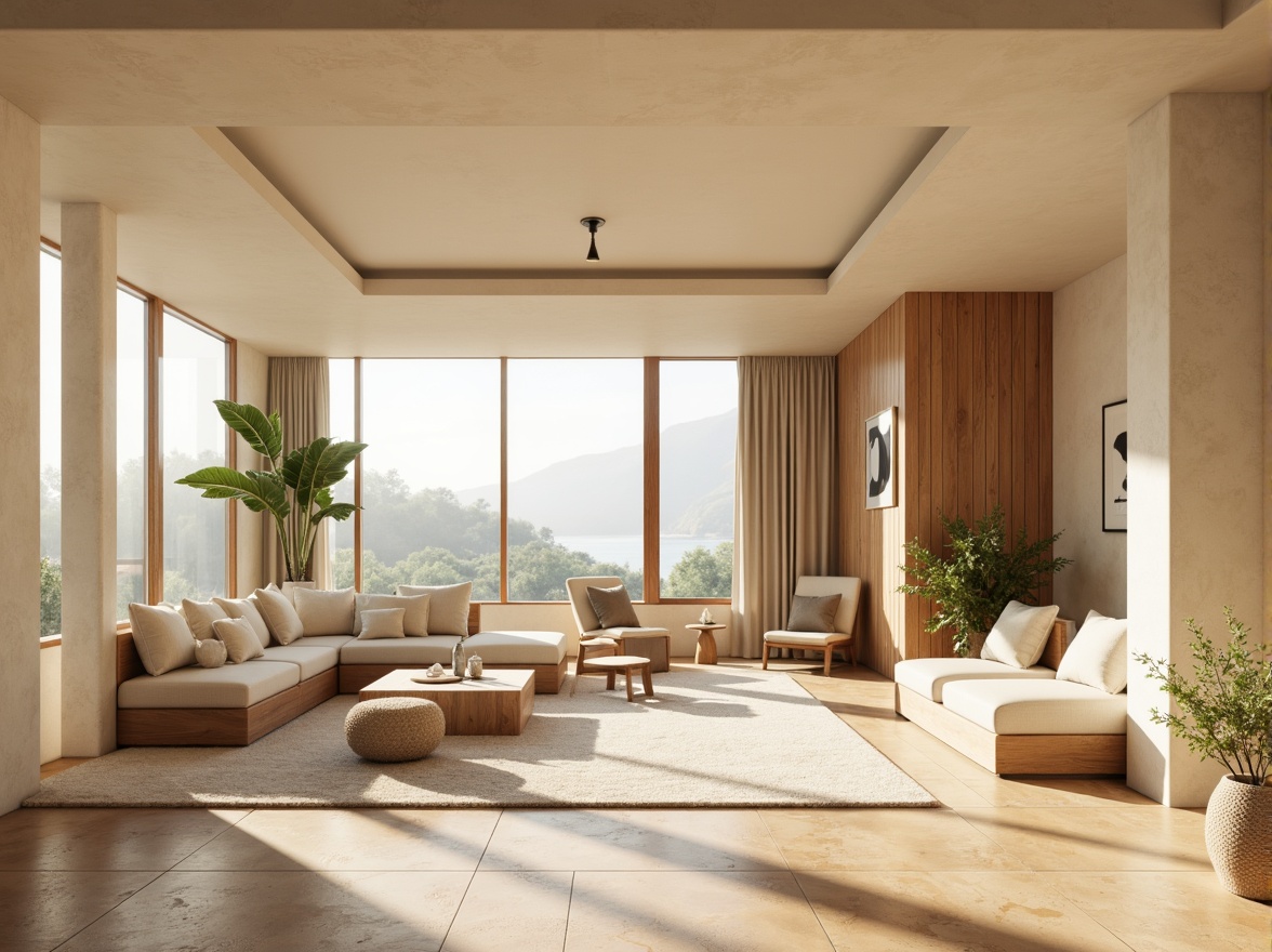 Prompt: Warm beige tones, soft creamy textures, natural earthy colors, minimalist modern architecture, sleek rectangular forms, large glass windows, subtle wooden accents, cozy interior spaces, comfortable furniture designs, calming atmosphere, gentle warm lighting, shallow depth of field, 1/1 composition, realistic materials, ambient occlusion.