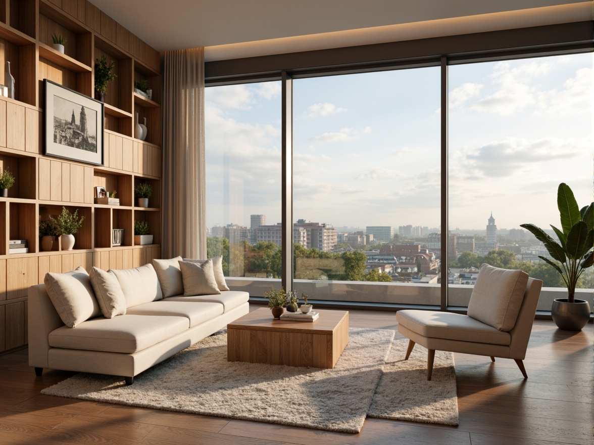 Prompt: Cozy living room, minimalist furniture, soft pastel colors, plush area rug, modern sectional sofa, floor-to-ceiling windows, natural light, airy atmosphere, functional shelving units, hidden storage compartments, sleek coffee table, ambient LED lighting, warm beige walls, polished hardwood floors, calming greenery, panoramic city view, 1/1 composition, realistic textures, subtle shadows.