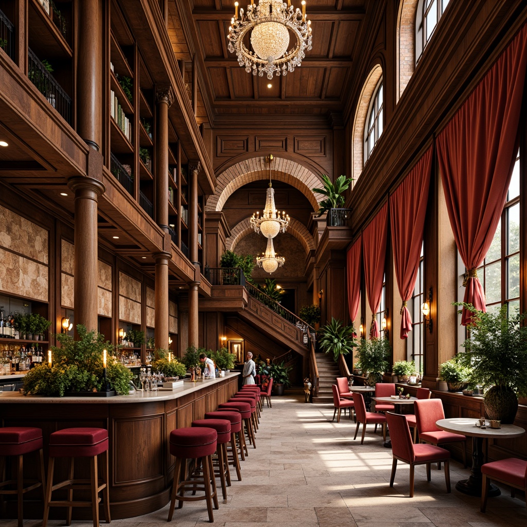 Prompt: Luxuriant bar interior, rich wood tones, ornate moldings, velvet drapes, crystal chandeliers, majestic columns, grand staircases, lush greenery, flower arrangements, natural stone walls, rustic brick arches, classic European architecture, soft warm lighting, shallow depth of field, 3/4 composition, panoramic view, realistic textures, ambient occlusion.