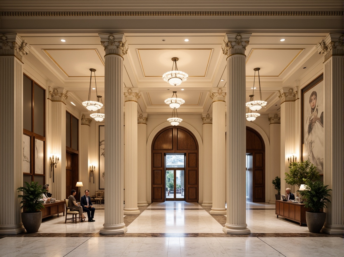 Prompt: Elegant office building, neoclassical architecture, ornate columns, symmetrical facade, grand entrance, polished marble floors, wooden paneling, luxurious chandeliers, cream-colored walls, subtle moldings, refined proportions, classicist details, intricate stone carvings, subtle lighting, soft warm tones, shallow depth of field, 3/4 composition, realistic textures, ambient occlusion.