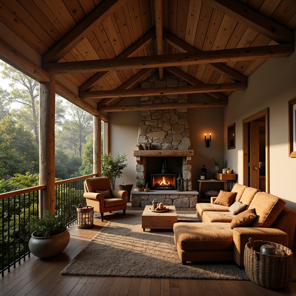 Prompt: Cozy cabin, warm beige walls, earthy brown floors, rustic wooden furniture, plush velvet textiles, soft golden lighting, crackling fireplace, natural stone accents, woven wicker baskets, vintage metal lanterns, lush greenery, misty forest atmosphere, serene wilderness setting, shallow depth of field, 1/1 composition, realistic textures, ambient occlusion.