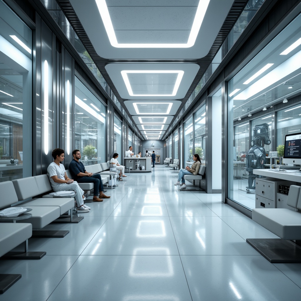 Prompt: Futuristic hospital interior, sleek metal walls, polished chrome accents, minimalist decor, advanced medical equipment, LED lighting systems, translucent glass partitions, modular furniture, ergonomic seating, virtual reality recovery areas, AI-assisted diagnostic zones, autonomous robots, sterilization chambers, futuristic nurse stations, interactive patient interfaces, calming ambient colors, soft diffused lighting, shallow depth of field, 1/1 composition, realistic reflections, ambient occlusion.