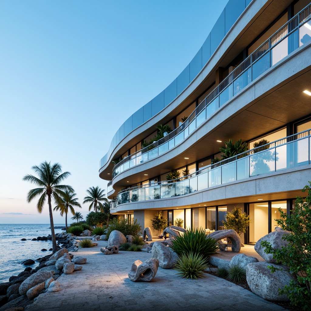 Prompt: Curved glass facade, ocean-inspired architecture, wave-like rooflines, sleek metal accents, modern minimalist design, cantilevered balconies, floor-to-ceiling windows, panoramic coastal views, sandy beach surroundings, rocky shoreline, driftwood sculptures, sea salt-weathered stone walls, nautical-themed decor, vibrant blue-green color scheme, soft warm lighting, shallow depth of field, 3/4 composition, realistic textures, ambient occlusion.