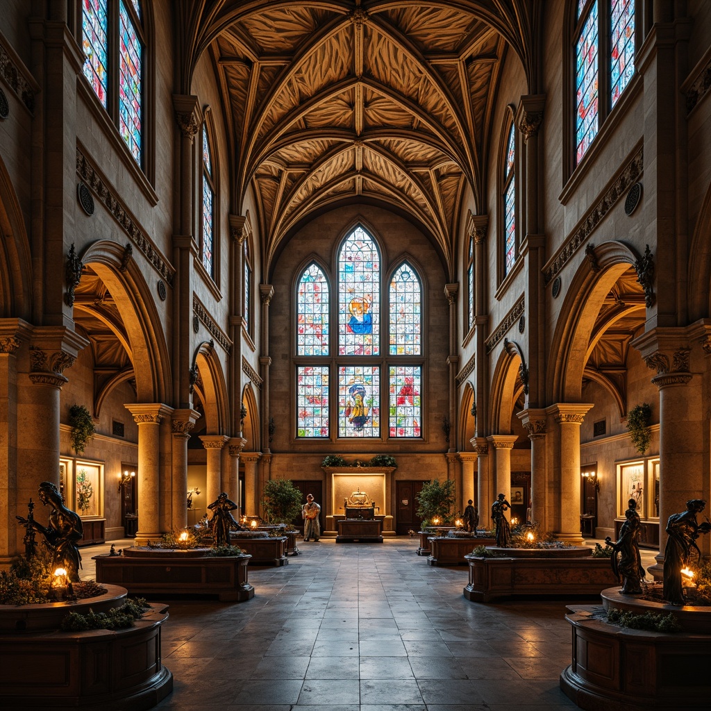 Prompt: Grandiose mausoleum, intricate stone carvings, ornate gargoyles, stained glass windows, vibrant colorful mosaics, pointed arches, ribbed vaults, flying buttresses, ornate tombs, weathered bronze statues, mysterious candlelit ambiance, warm golden lighting, shallow depth of field, 1/1 composition, symmetrical framing, realistic textures, ambient occlusion.