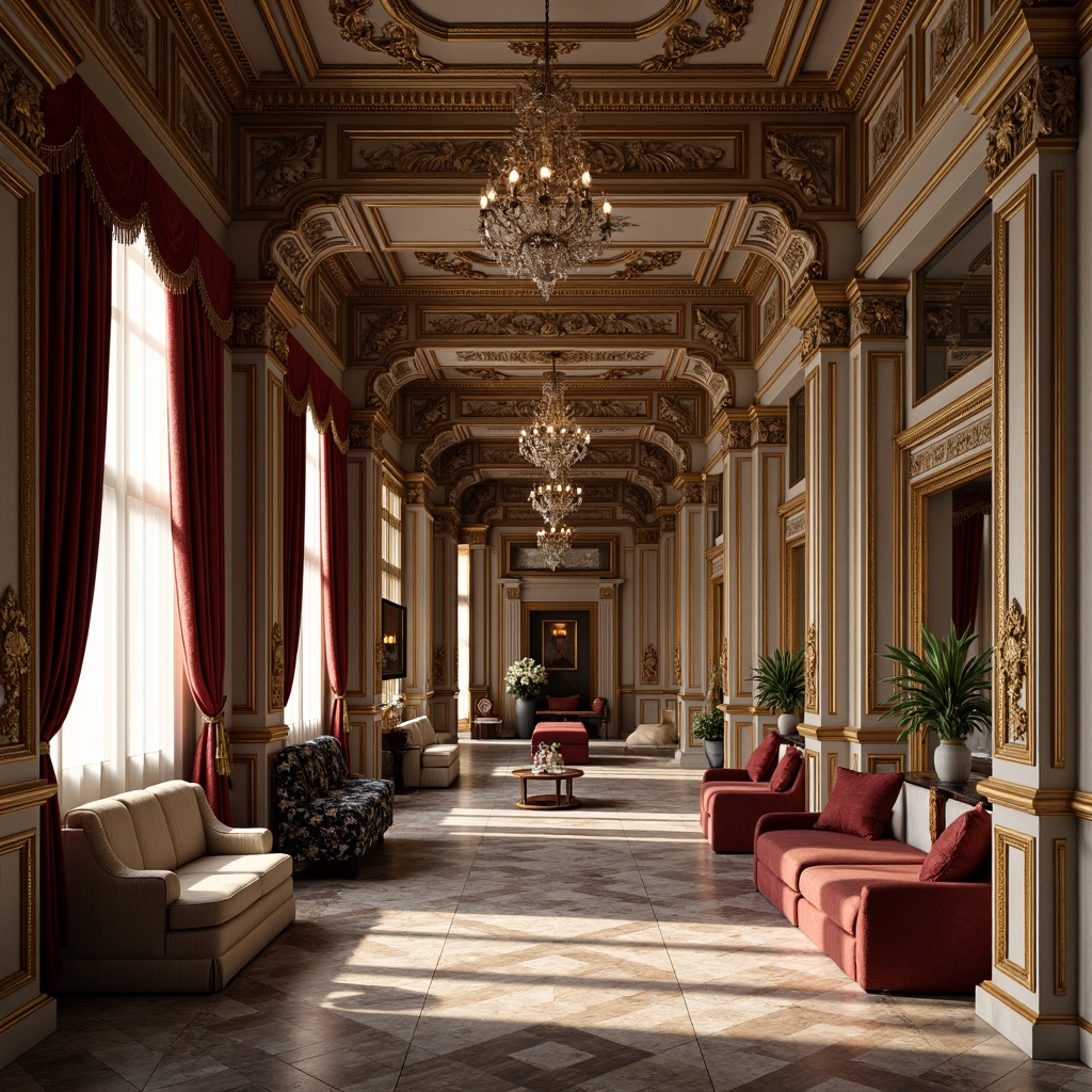 Prompt: Intricate carvings, ornate moldings, grandiose columns, lavish chandeliers, rich velvet drapes, gilded accents, marble flooring, ornamental mirrors, luxurious furnishings, symmetrical compositions, soft warm lighting, subtle shadows, 1/1 composition, realistic textures, ambient occlusion, Baroque-inspired patterns, elegant curves, sophisticated details.