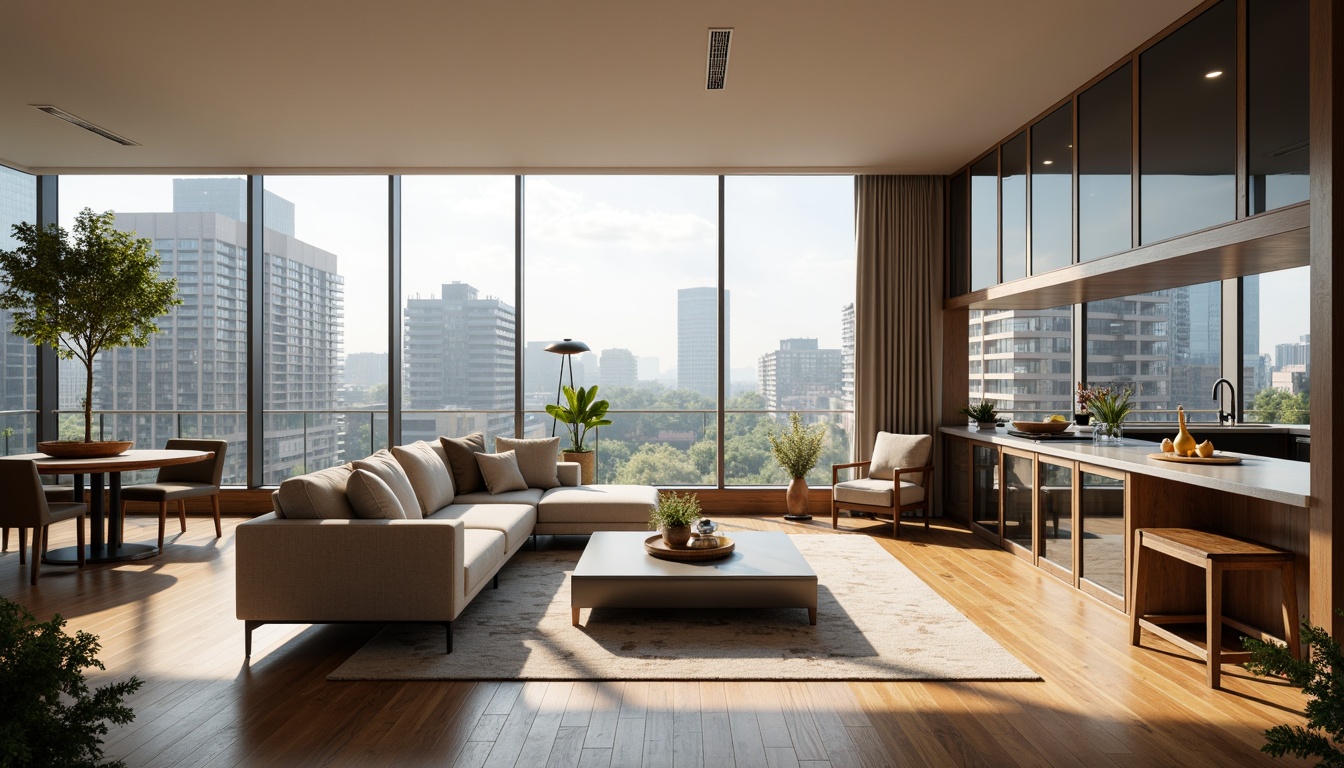 Prompt: Cozy living room, comfortable sofas, warm wooden flooring, floor-to-ceiling windows, natural light, urban cityscape view, modern minimalist decor, sleek metal accents, subtle color palette, functional modular furniture, open-plan kitchen, granite countertops, stainless steel appliances, pendant lighting, soft area rugs, vibrant greenery, peaceful ambiance, shallow depth of field, 2/3 composition, realistic textures, ambient occlusion.