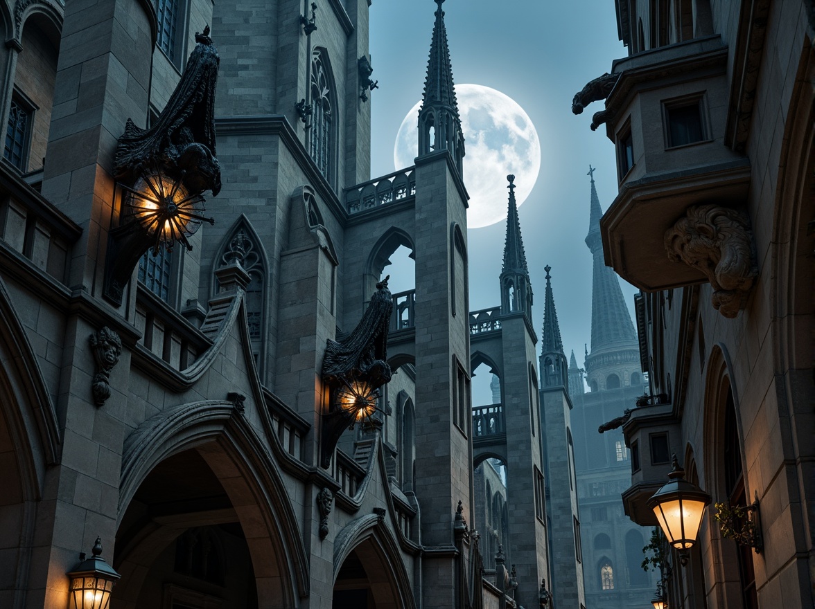 Prompt: Gothic cathedral, stone gargoyles, mythical creatures, grotesque faces, water spouts, ornate carvings, pointed arches, ribbed vaults, flying buttresses, grandiose scale, intricate stonework, eerie atmosphere, mystical ambiance, soft moonlight, dramatic shadows, high-angle shot, detailed textures, ambient occlusion.