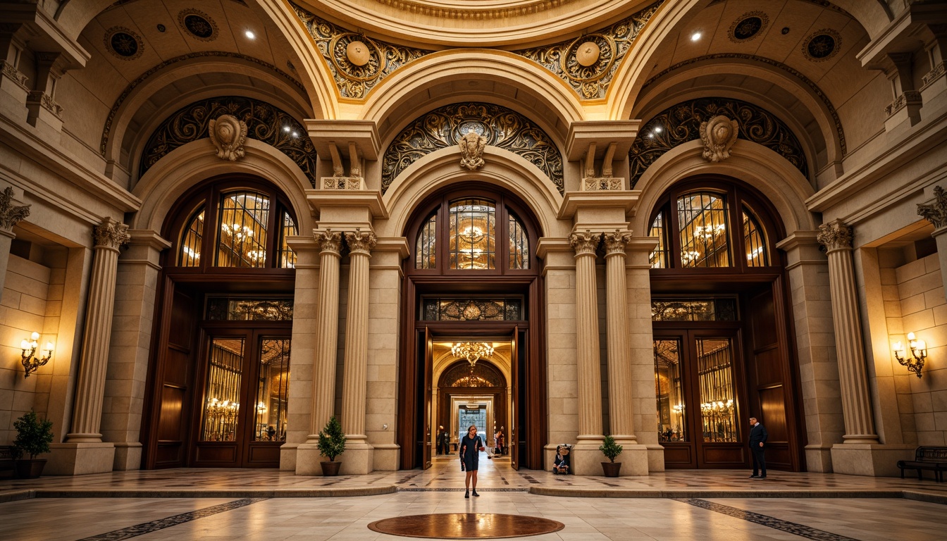 Prompt: Grand banking hall, ornate facade, rusticated stone walls, rounded arches, ribbed vaults, decorative cornices, sculpted capitals, intricate carvings, heavy wooden doors, wrought iron gates, stained glass windows, warm golden lighting, high ceilings, marble floors, classic columns, symmetrical composition, 1/2 perspective view, detailed textures, ambient shadows.