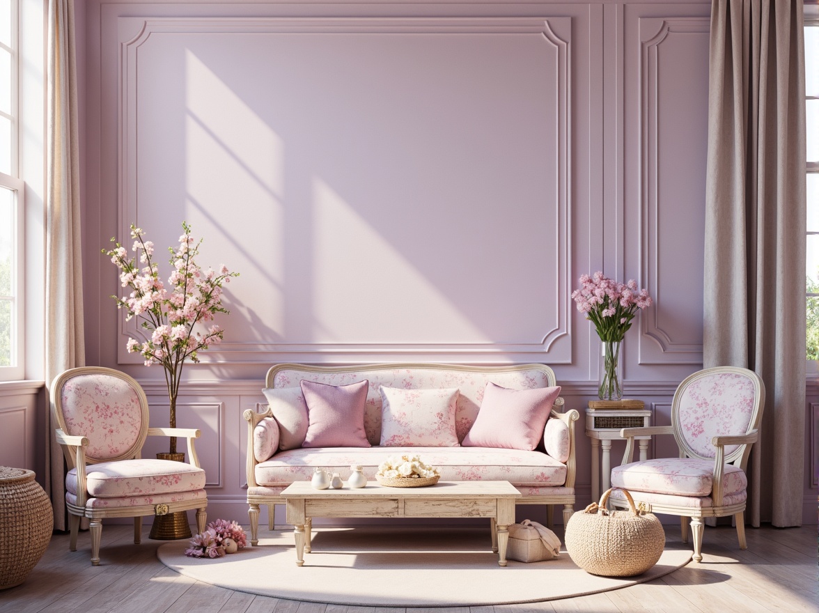 Prompt: Soft lilac hues, pastel purple tones, gentle pink undertones, warm beige accents, creamy white textures, delicate floral patterns, whimsical illustrations, romantic ambiance, vintage inspired designs, distressed wooden elements, ornate metal details, luxurious fabrics, subtle sheen, warm golden lighting, shallow depth of field, 1/1 composition, intimate atmosphere, realistic rendering.