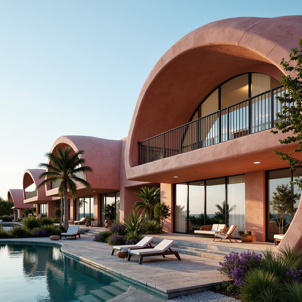 Prompt: Curved ocean-facing facade, wave-inspired architecture, coral-colored stucco walls, large windows with coastal views, sliding glass doors, outdoor terraces with seating areas, beachy landscaping, palm trees, driftwood accents, weathered steel railings, natural stone flooring, minimalist interior design, soft blue-green color palette, ambient lighting, shallow depth of field, 1/2 composition, symmetrical balance, realistic textures, coastal breeze sound effects.