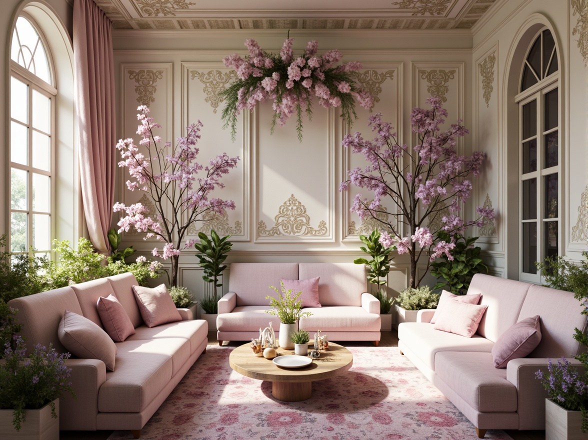 Prompt: Lilac-infused interior design, soft pastel hues, creamy whites, warm beige tones, lush greenery, blooming florals, elegant furnishings, velvet textures, ornate patterns, luxurious fabrics, whimsical decor, dreamy ambiance, softbox lighting, shallow depth of field, 1/1 composition, intimate close-ups, romantic atmosphere, vintage-inspired accents.