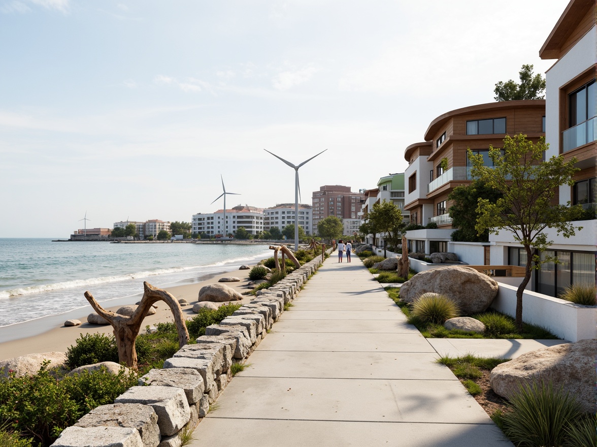 Prompt: Seaside promenade, gentle ocean breeze, sandy beach, driftwood sculptures, weathered stone walls, eco-friendly buildings, green roofs, solar panels, wind turbines, wave-inspired architecture, curved lines, minimalism, natural textures, earthy tones, serene ambiance, soft warm lighting, shallow depth of field, 3/4 composition, panoramic view, realistic reflections, ambient occlusion.