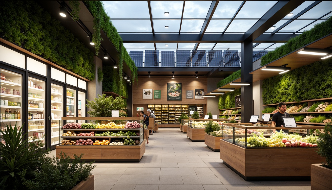 Prompt: Energy-efficient grocery store, modern LED lighting, automatic sliding glass doors, eco-friendly refrigeration systems, solar panels on rooftop, green walls with living plants, natural stone flooring, wooden shelves, minimalist product displays, energy-saving HVAC systems, sensor-controlled lighting, occupancy-based temperature control, rainwater harvesting system, gray water reuse, recycling facilities, composting area, educational signs about sustainability, abundant natural light, soft warm ambiance, shallow depth of field, 3/4 composition, realistic textures, ambient occlusion.