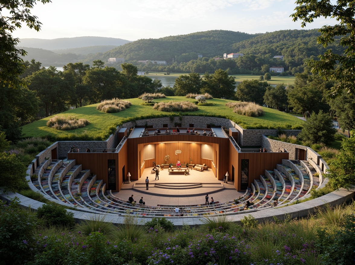 Prompt: Vibrant green roof, lush vegetation, natural stone walls, wooden accents, curved lines, open-air amphitheater, tiered seating, minimalist stage design, warm lighting, shallow depth of field, 3/4 composition, panoramic view, realistic textures, ambient occlusion, modern auditorium architecture, sleek glass fa\u00e7ade, cantilevered rooflines, outdoor spaces integration, natural ventilation systems, eco-friendly materials, innovative acoustic solutions, vibrant colorful textiles, intricate geometric patterns.