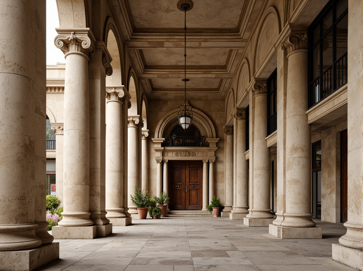 Prompt: Grand Tuscan columns, ornate capitals, rusticated bases, ancient Roman influences, symmetrical fa\u00e7ade, harmonious proportions, classical orders, ornate cornices, decorative architraves, imposing entranceways, grandiose scale, warm beige stone, subtle lighting, atmospheric mist, shallow depth of field, 2/3 composition, realistic textures, ambient occlusion.