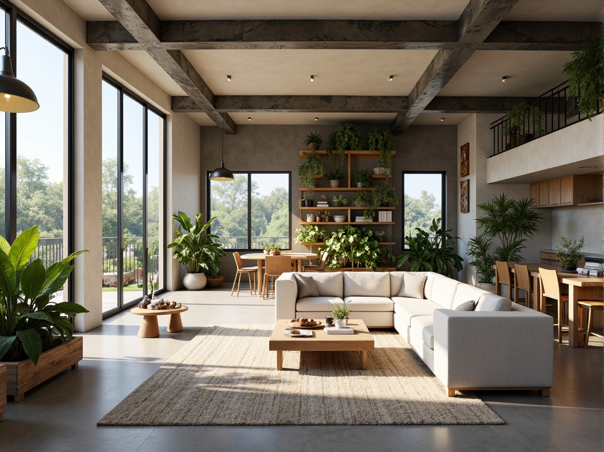 Prompt: Airy living room, minimalist decor, floor-to-ceiling windows, natural light pouring in, sleek low-profile furniture, open-plan kitchen, dining area, spacious entertaining space, polished concrete floors, industrial-chic metal beams, modern pendant lighting, greenery walls, lush plants, cozy reading nooks, built-in shelving units, warm earthy tones, organic textures, subtle color palette, soft diffused lighting, 1/1 composition, realistic rendering, ambient occlusion.