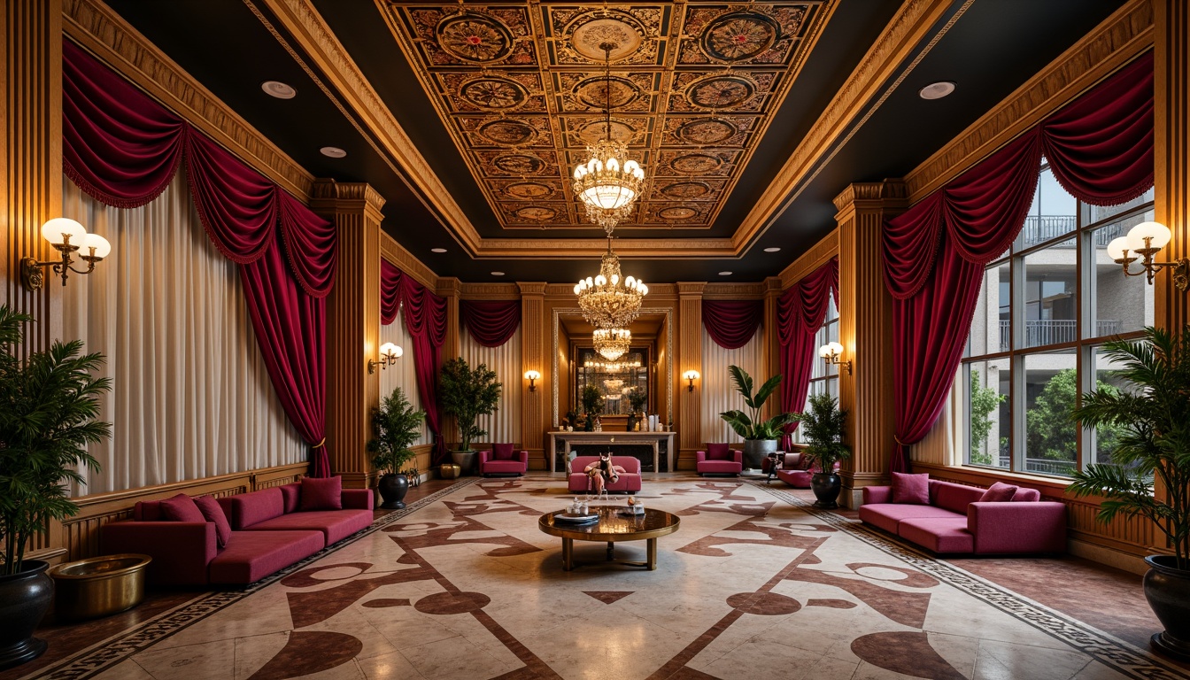 Prompt: Vibrant Art Deco interior, ornate metalwork, luxurious velvet fabrics, rich jewel-toned colors, opulent gold accents, geometric patterns, intricate mosaics, lavish marble floors, grand chandeliers, soft warm lighting, 3/4 composition, realistic textures, ambient occlusion.