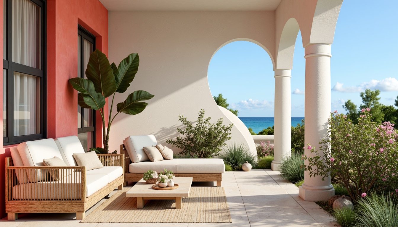 Prompt: Vibrant coral hues, soft pastel shades, oceanic blues, creamy whites, warm beige tones, tropical greenery, exotic flowers, driftwood accents, sea-glass textures, natural linen fabrics, woven rattan furniture, coastal breezy atmosphere, bright sunny day, shallow depth of field, 1/1 composition, realistic reflections, ambient occlusion.