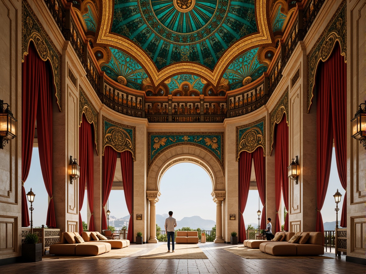 Prompt: \Intricate pavilion, Byzantine style, ornate golden domes, vibrant turquoise mosaics, grand archways, lavish furnishings, rich velvet drapes, intricate carvings, marble columns, ornate lanterns, soft warm lighting, shallow depth of field, 1/2 composition, atmospheric perspective, realistic textures, ambient occlusion.\This prompt includes the main subject (pavilion), its style (Byzantine), and various ornate details such as golden domes, turquoise mosaics, grand archways, and lavish furnishings. The environment is also described with soft warm lighting, and the camera settings are specified with shallow depth of field and 1/2 composition.