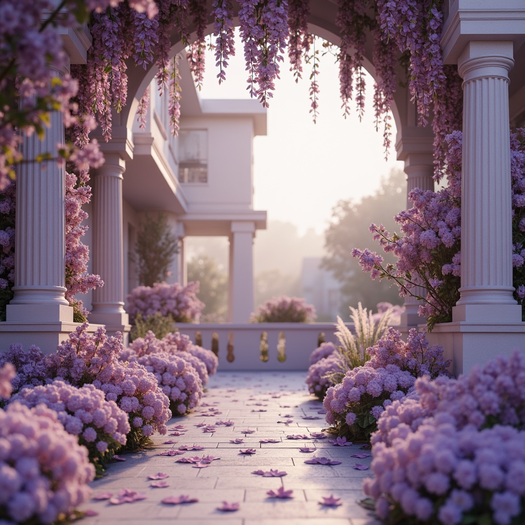 Prompt: Soft lilac hues, pastel purple tones, whimsical floral patterns, delicate lace textures, vintage ornate details, elegant Victorian-inspired architecture, lush greenery, misty morning light, warm golden sunlight, shallow depth of field, 3/4 composition, realistic rendering, subtle ambient occlusion.