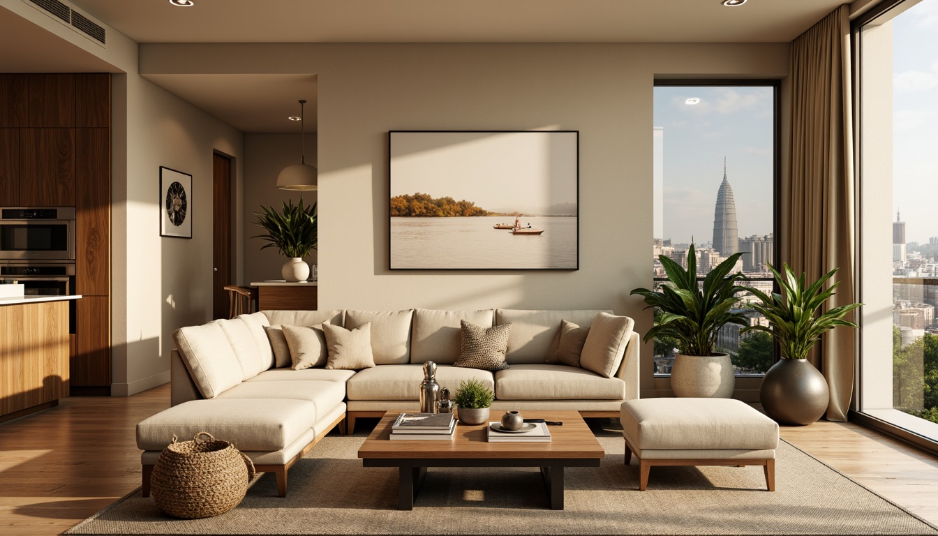 Prompt: Cozy living room, plush sofas, warm beige walls, natural wood flooring, soft golden lighting, comfortable seating arrangements, ample storage spaces, modern minimalist decor, elegant coffee tables, vibrant green plants, floor-to-ceiling windows, cityscape views, functional kitchen islands, quartz countertops, stainless steel appliances, spacious walk-in closets, calming color schemes, textured area rugs, 1/1 composition, shallow depth of field, warm atmospheric lighting.