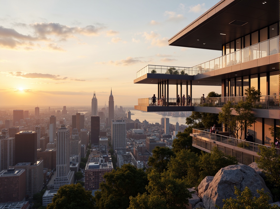 Prompt: Panoramic cityscape, sleek observation deck, glass railing system, modern steel structure, futuristic architecture, elevated viewing area, open-air amphitheater, cantilevered walkway, transparent floor-to-ceiling windows, 180-degree vistas, sunset viewing hours, warm golden lighting, shallow depth of field, 2/3 composition, realistic reflections, ambient occlusion.