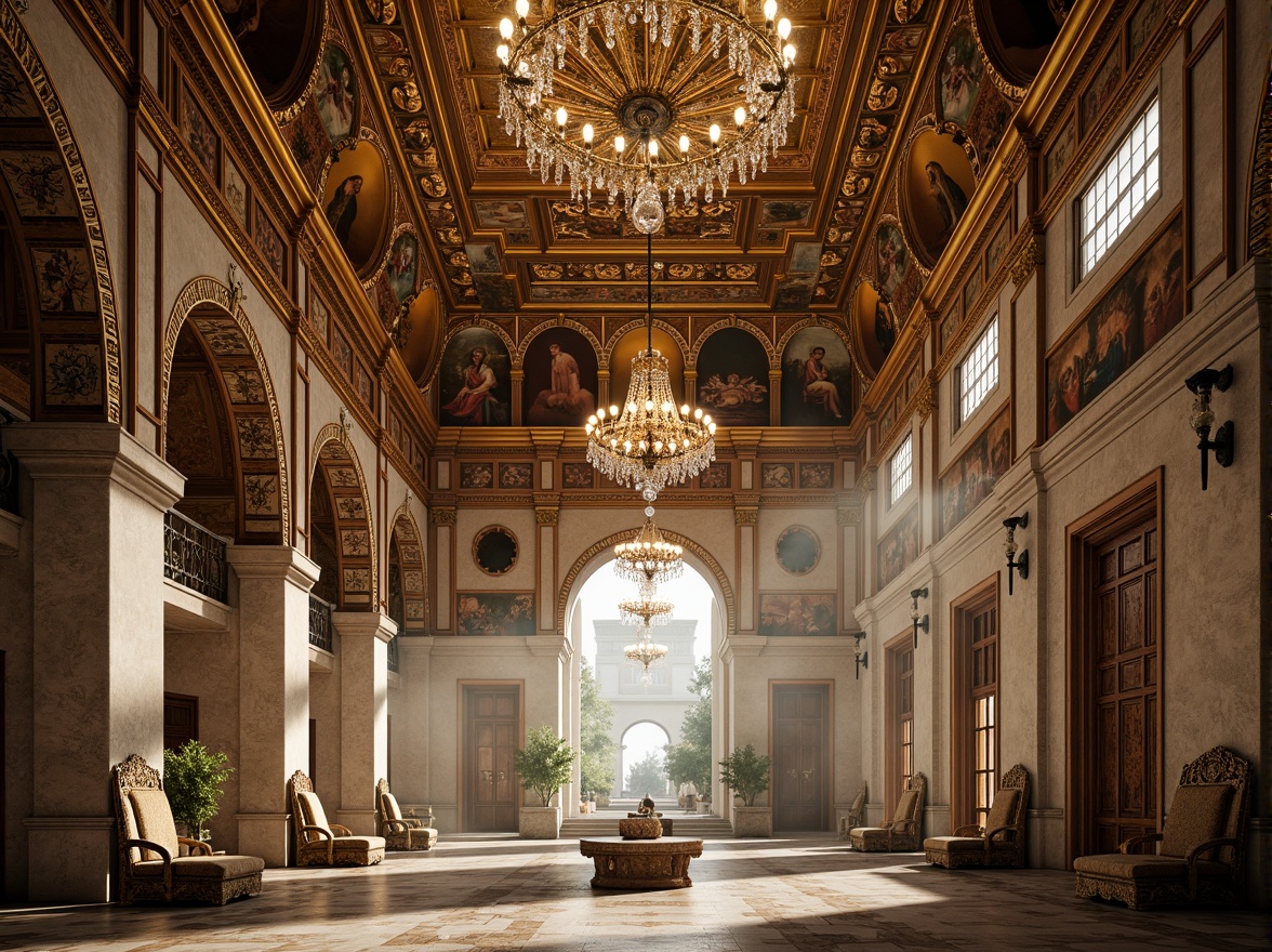 Prompt: Grand pavilion, Byzantine architecture, ornate details, intricate mosaics, golden domes, ornamental columns, marble floors, vibrant frescoes, lavish furnishings, regal throne-like seats, intricately carved wooden doors, grand chandeliers, crystal droplets, warm candlelight, soft atmospheric haze, shallow depth of field, 1/1 composition, symmetrical framing, realistic textures, ambient occlusion.