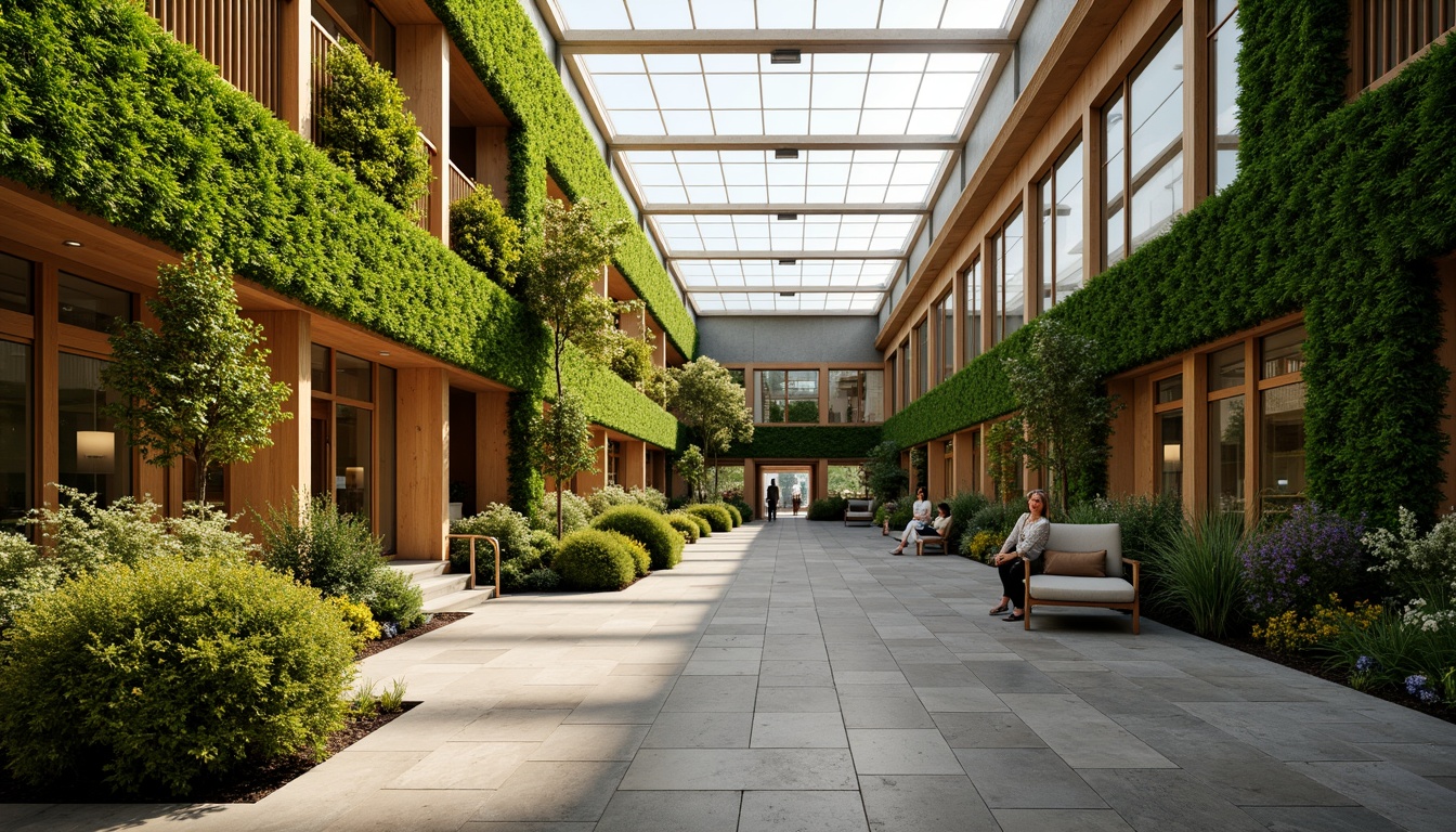 Prompt: Vibrant atrium, lush green walls, natural stone floors, wooden accents, large skylights, clerestory windows, open floor plans, minimal obstruction, airy feel, soft warm lighting, gentle shadows, 3/4 composition, panoramic view, realistic textures, ambient occlusion, morning light, afternoon glow, golden hour ambiance.