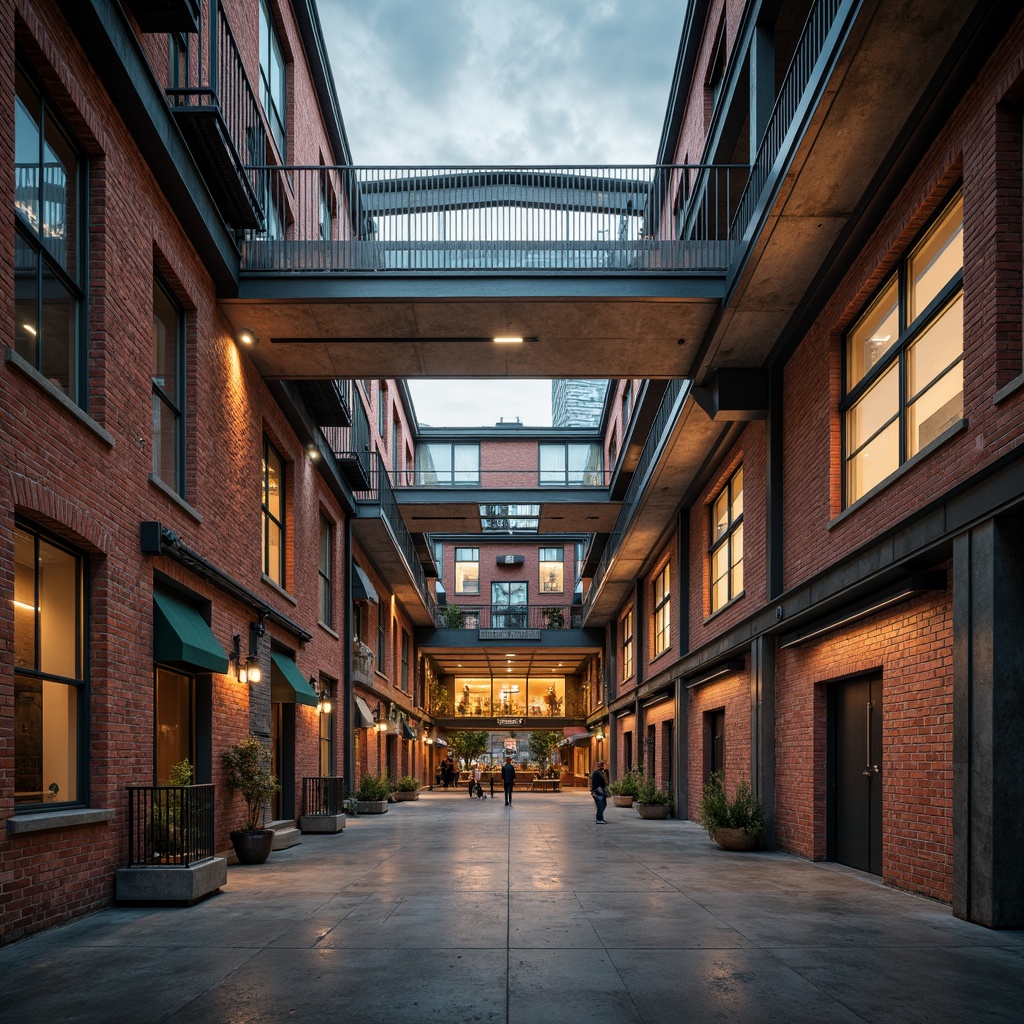 Prompt: Industrial warehouse architecture, exposed brick walls, metal beams, polished concrete floors, urban cityscape, cloudy grey skies, warm golden lighting, shallow depth of field, 1/2 composition, realistic textures, ambient occlusion, earthy tone color palette, rusty red accents, deep blue undertones, neutral beige backgrounds, vibrant yellow highlights, rich brown wood tones, matte black metal finishes, distressed concrete surfaces.