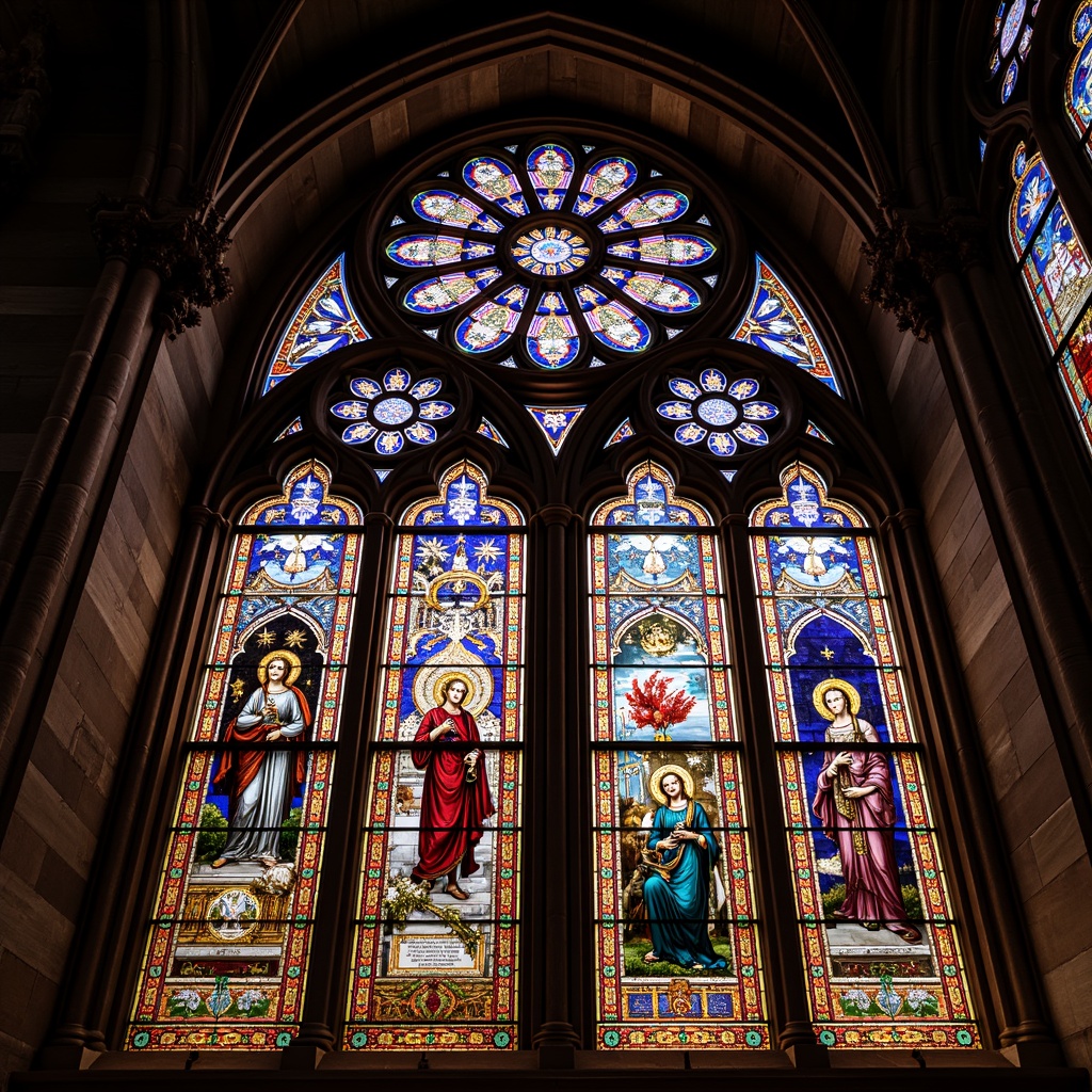 Prompt: Vibrant stained glass window, intricate colorful patterns, ornate metal frames, Gothic architecture, grand cathedral, mystical ambiance, soft warm lighting, dramatic shadows, spiritual atmosphere, ethereal beauty, kaleidoscope of colors, delicate textures, ornate details, luxurious materials, historic significance, sacred symbolism, majestic composition, 1/1 aspect ratio, shallow depth of field.