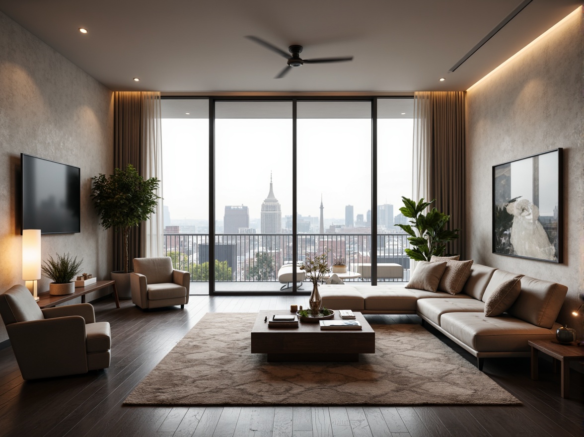 Prompt: Modern living room, minimalist decor, sleek furniture, neutral color palette, statement light fixtures, plush area rugs, floor-to-ceiling windows, natural daylight, cityscape views, metallic accents, geometric patterns, abstract artwork, ambient lighting, 1/1 composition, shallow depth of field, warm cozy atmosphere.