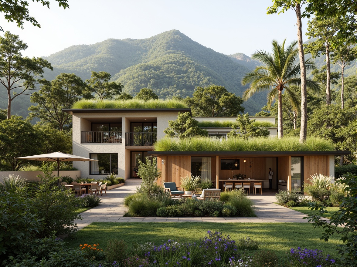 Prompt: Vibrant green roof, lush vegetation, living walls, natural stone fa\u00e7ade, reclaimed wood accents, energy-efficient systems, solar panels, rainwater harvesting, organic garden, farm-to-table concept, locally sourced materials, minimalist design, abundance of natural light, soft warm ambiance, cozy dining areas, earthy color palette, eco-friendly furniture, recycled glass decor, airy open spaces, panoramic views, serene atmosphere, shallow depth of field, 1/1 composition, realistic textures, ambient occlusion.