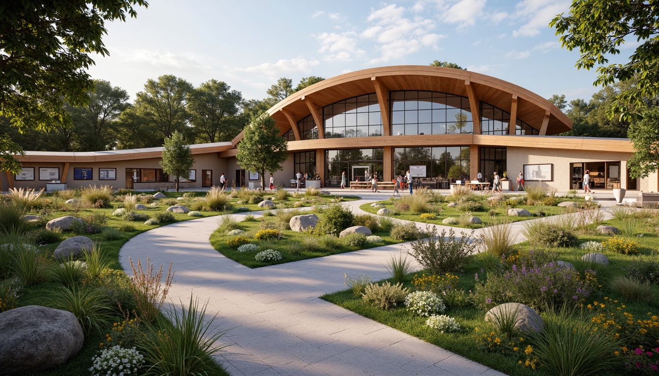 Prompt: Visitor center, curved rooflines, natural stone walls, large windows, wooden accents, earthy tones, seamless indoor-outdoor transition, native plant species, meandering walkways, educational signage, interactive exhibits, panoramic views, observation decks, bird-watching areas, nature-inspired furniture, soft warm lighting, shallow depth of field, 3/4 composition, realistic textures, ambient occlusion.