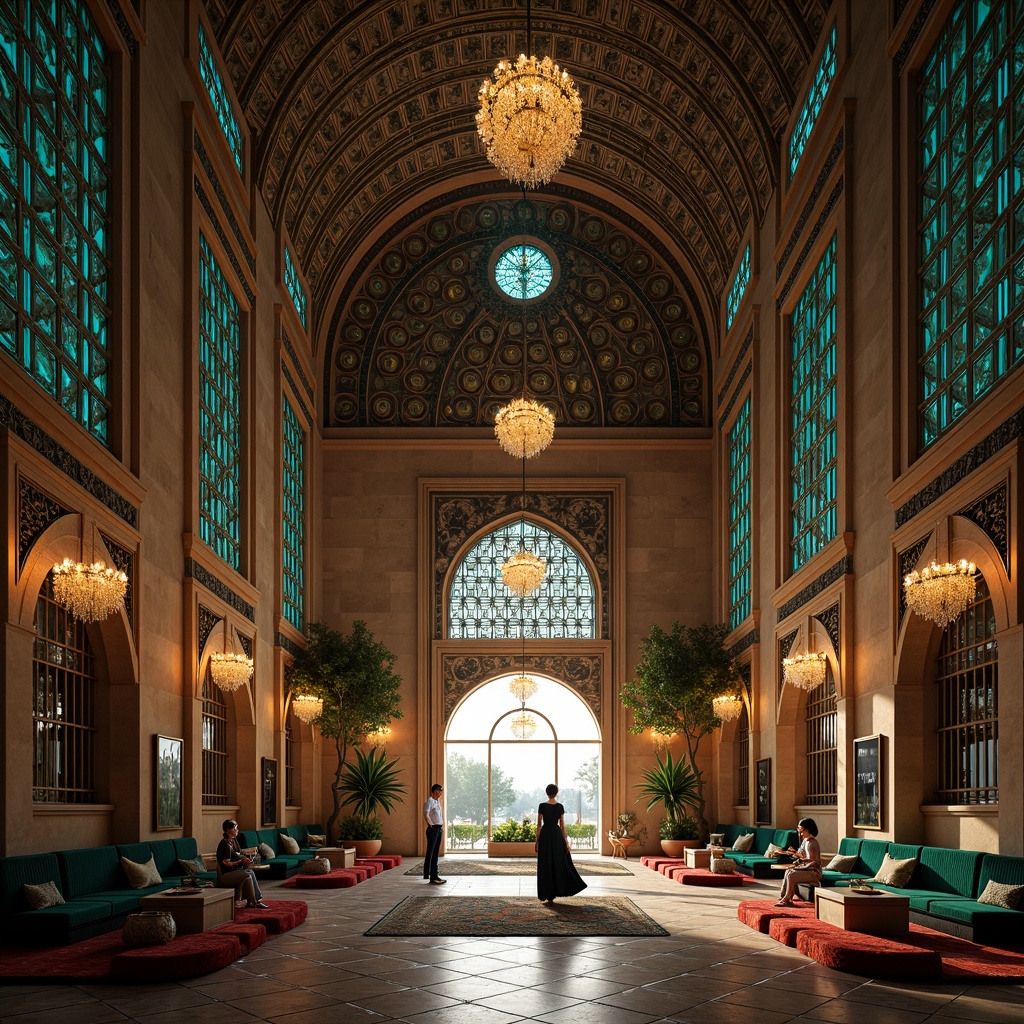 Prompt: Intricate Islamic-inspired archways, bold geometric shapes, vibrant turquoise accents, ornate metalwork details, luxurious velvet fabrics, majestic high ceilings, grand chandeliers, symmetrical compositions, richly textured carpets, Moorish tile patterns, opulent golden lighting, dramatic shadows, 1/2 composition, low-angle shot, cinematic atmosphere.