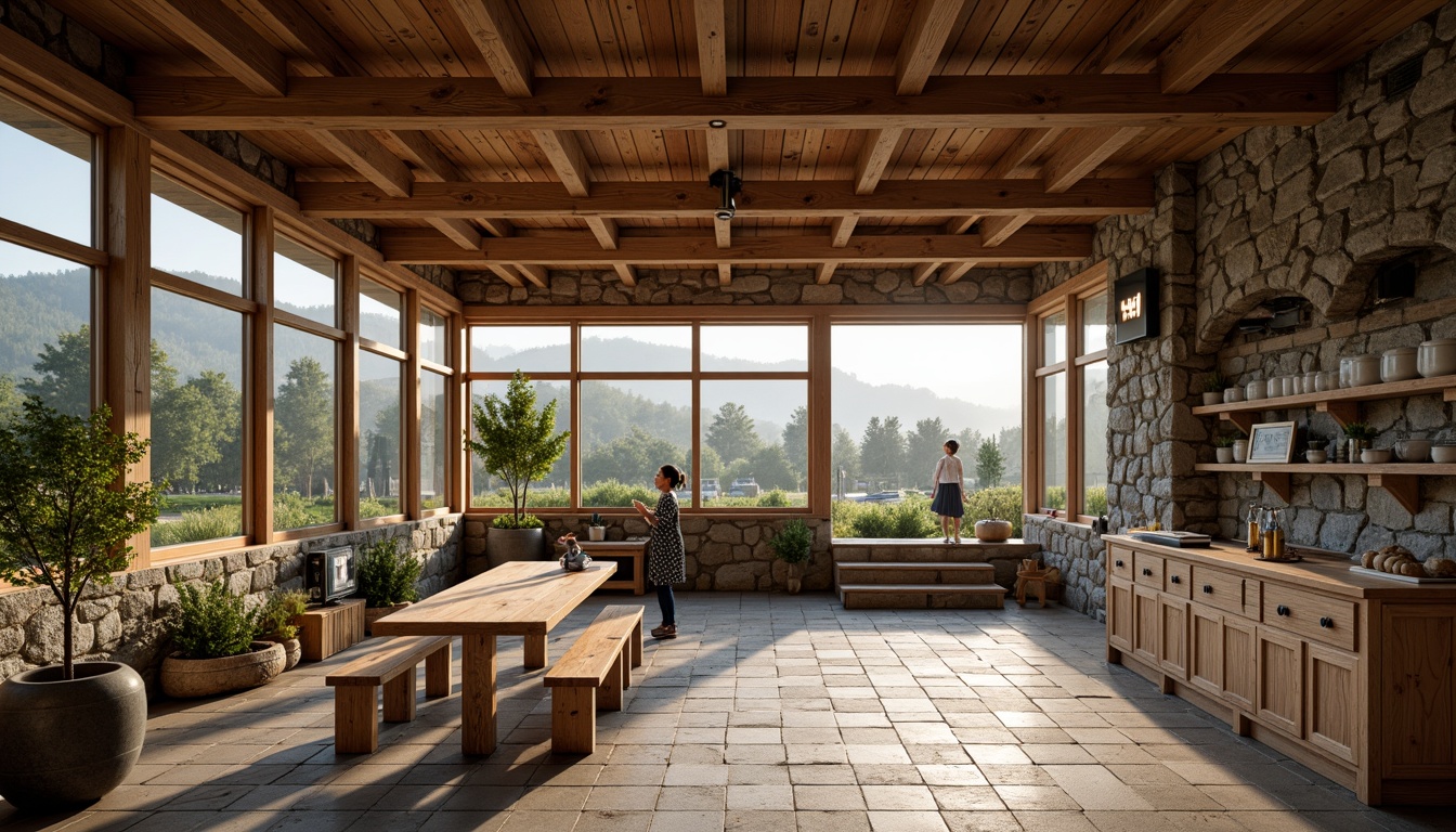 Prompt: Rustic visitor center, reclaimed wood accents, natural stone walls, earthy tones, locally-sourced materials, wooden beams, traditional craftsmanship, cultural heritage preservation, scenic mountain views, surrounding forest landscape, misty morning atmosphere, soft warm lighting, shallow depth of field, 1/2 composition, realistic textures, ambient occlusion.