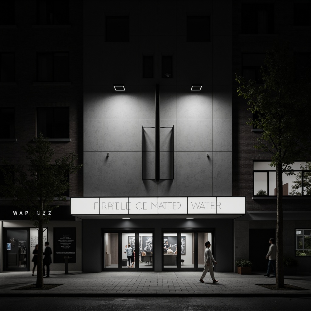 Prompt: Simple theater facade, minimalist architecture, clean lines, monochromatic color scheme, LED lighting, urban cityscape, nighttime atmosphere, dramatic spotlights, abstract geometric patterns, industrial materials, concrete walls, metal frames, subtle textures, shallow depth of field, 1/1 composition, cinematic view, realistic rendering, ambient occlusion.