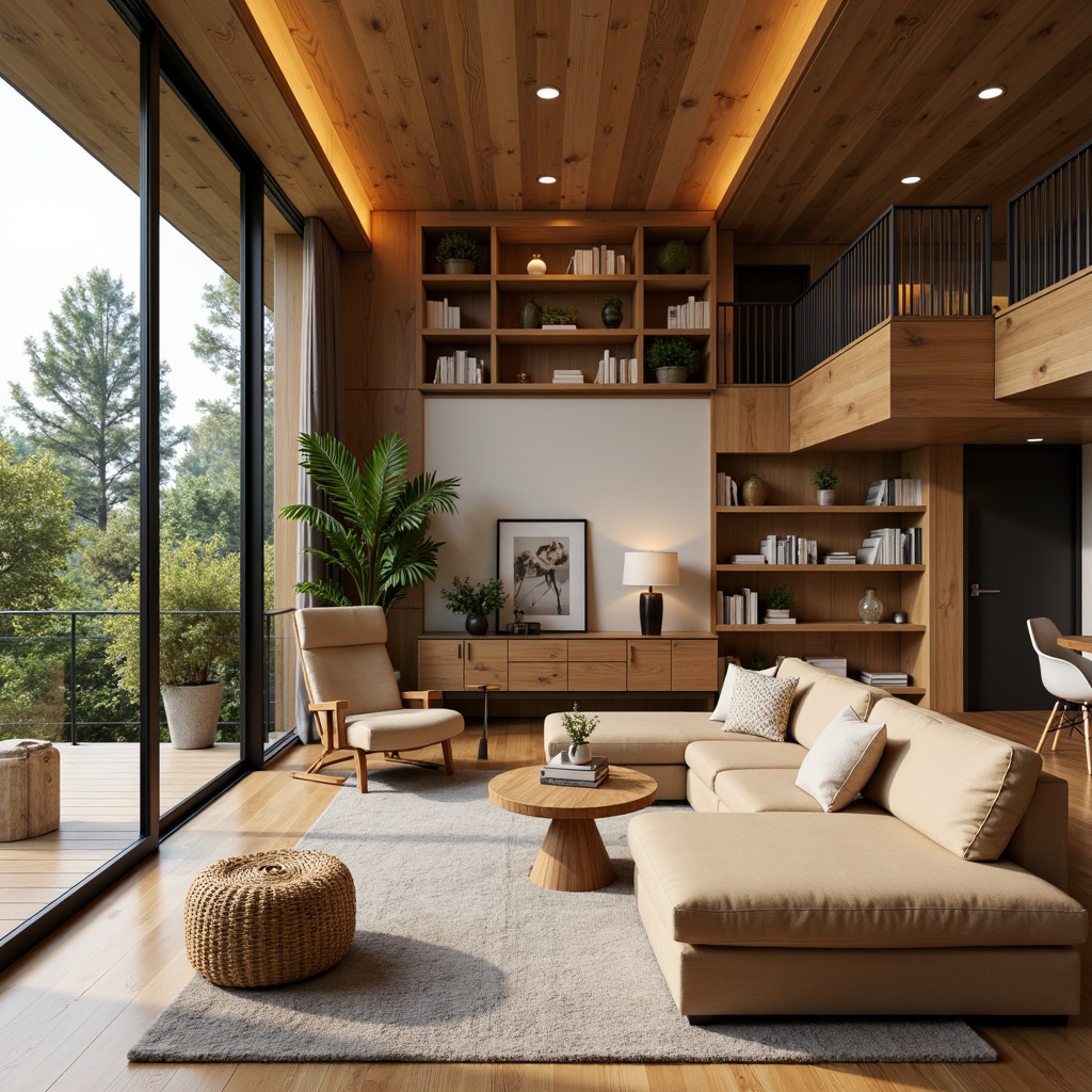 Prompt: Cozy living room, plush sofas, warm earthy tones, natural wood flooring, soft cushions, minimalist decor, floor-to-ceiling windows, abundant natural light, comfortable reading nooks, ergonomic chairs, built-in shelving units, hidden storage compartments, calming color palette, textured rugs, statement lighting fixtures, 1/1 composition, shallow depth of field, realistic textures.