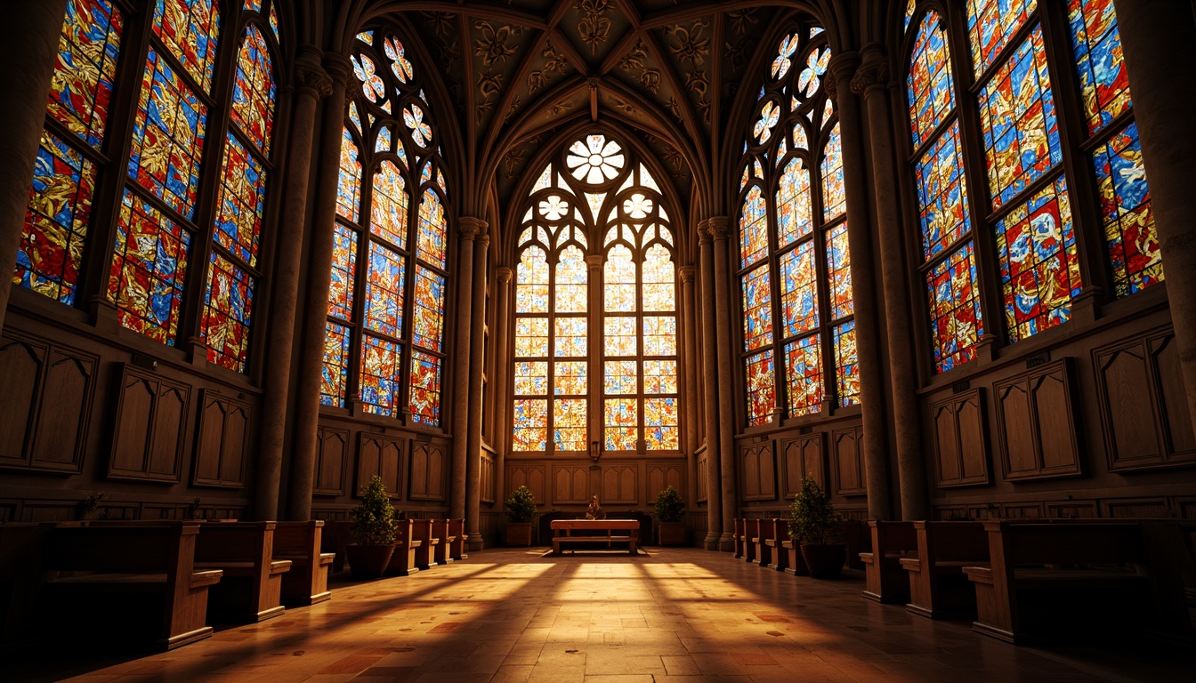 Prompt: Vibrant stained glass windows, kaleidoscope colors, intricate geometric patterns, ornate frames, Gothic architecture, grand cathedrals, sacred ambiance, divine lighting, warm golden tones, subtle textures, reflective surfaces, symmetrical composition, 1/1 aspect ratio, shallow depth of field, soft focus, mystical atmosphere.