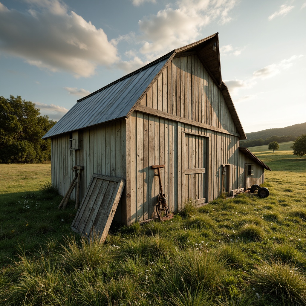 Prompt: Rustic barn, weathered wood, earthy tones, warm beige, soft sage, muted blue, distressed finishes, natural textures, vintage metal accents, classic farm tools, rolling hills, green pastures, sunny afternoon, soft warm lighting, shallow depth of field, 3/4 composition, panoramic view, realistic textures, ambient occlusion.