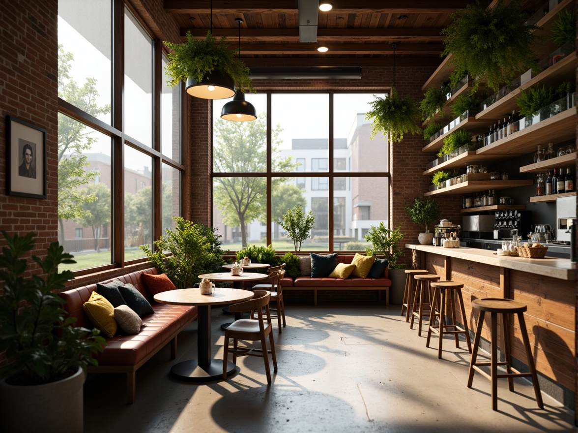 Prompt: Cozy coffee shop, large windows, minimal window frames, unobstructed views, natural light pouring in, warm and inviting atmosphere, reclaimed wood accents, industrial-chic decor, exposed brick walls, polished concrete floors, greenery installations, hanging plants, pendant lamps, soft warm lighting, shallow depth of field, 1/1 composition, realistic textures, ambient occlusion.