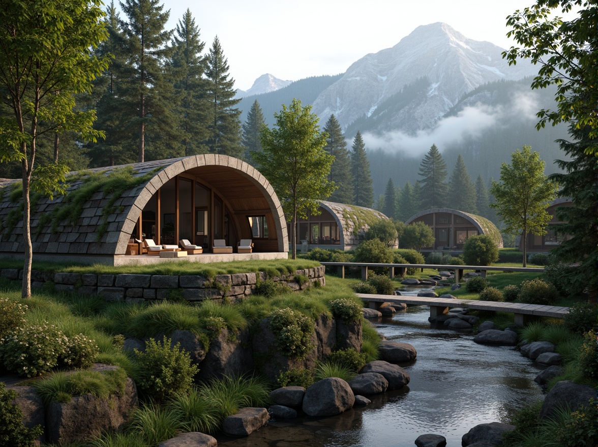 Prompt: Seamless landscape integration, organic curves, natural stone walls, lush green roofs, blending architecture, harmonious coexistence, serene forest surroundings, misty mountains, gentle streams, rustic wooden bridges, earthy tones, moss-covered stones, weathered wood accents, soft diffused lighting, atmospheric perspective, 1/1 composition, intimate scale, realistic foliage, ambient occlusion.