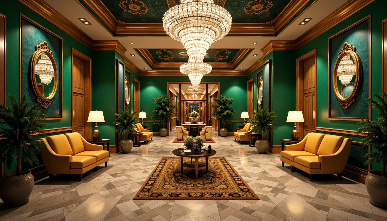 Prompt: Luxurious Art Deco interior, metallic accents, bold geometric patterns, lavish ornamentation, rich jewel-toned colors, emerald green walls, sapphire blue ceilings, amber yellow furnishings, polished chrome fixtures, glamorous crystal chandeliers, opulent marble floors, intricate inlays, ornate mirrors, lavish velvet fabrics, soft golden lighting, dramatic shadows, high contrast ratio, 1/2 composition, ornate framing, realistic reflections.