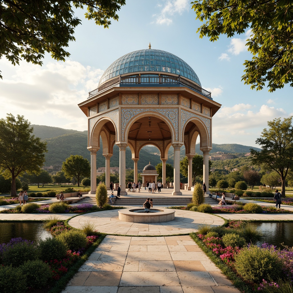 Prompt: Majestic pavilion, Byzantine domes, ornate mosaics, grand archways, intricately carved columns, lush greenery, vibrant flowers, serene water features, natural stone walkways, rustic wooden benches, warm golden lighting, shallow depth of field, 3/4 composition, panoramic view, realistic textures, ambient occlusion, symmetrical layout, harmonious color palette, Mediterranean-inspired landscape, rolling hills, olive trees, scenic overlooks, tranquil ambiance.