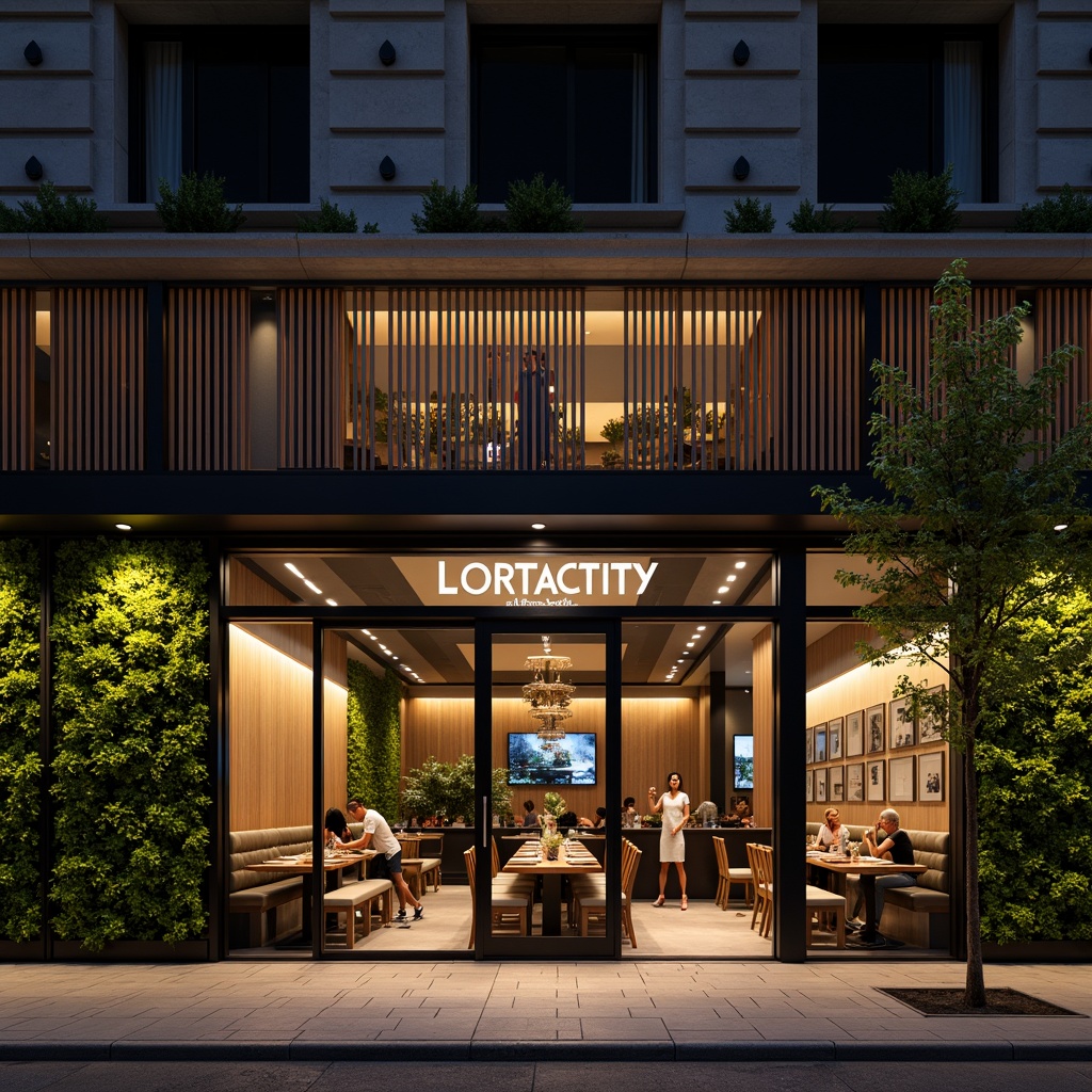 Prompt: Contemporary restaurant facade, large glass windows, sliding doors, minimalist metal frames, sleek signage, rustic wood accents, green walls, vertical gardens, modern LED lighting, warm ambiance, cozy atmosphere, urban cityscape, bustling streets, nighttime scenes, shallow depth of field, 1/2 composition, realistic textures, ambient occlusion.Please let me know if this meets your requirements!