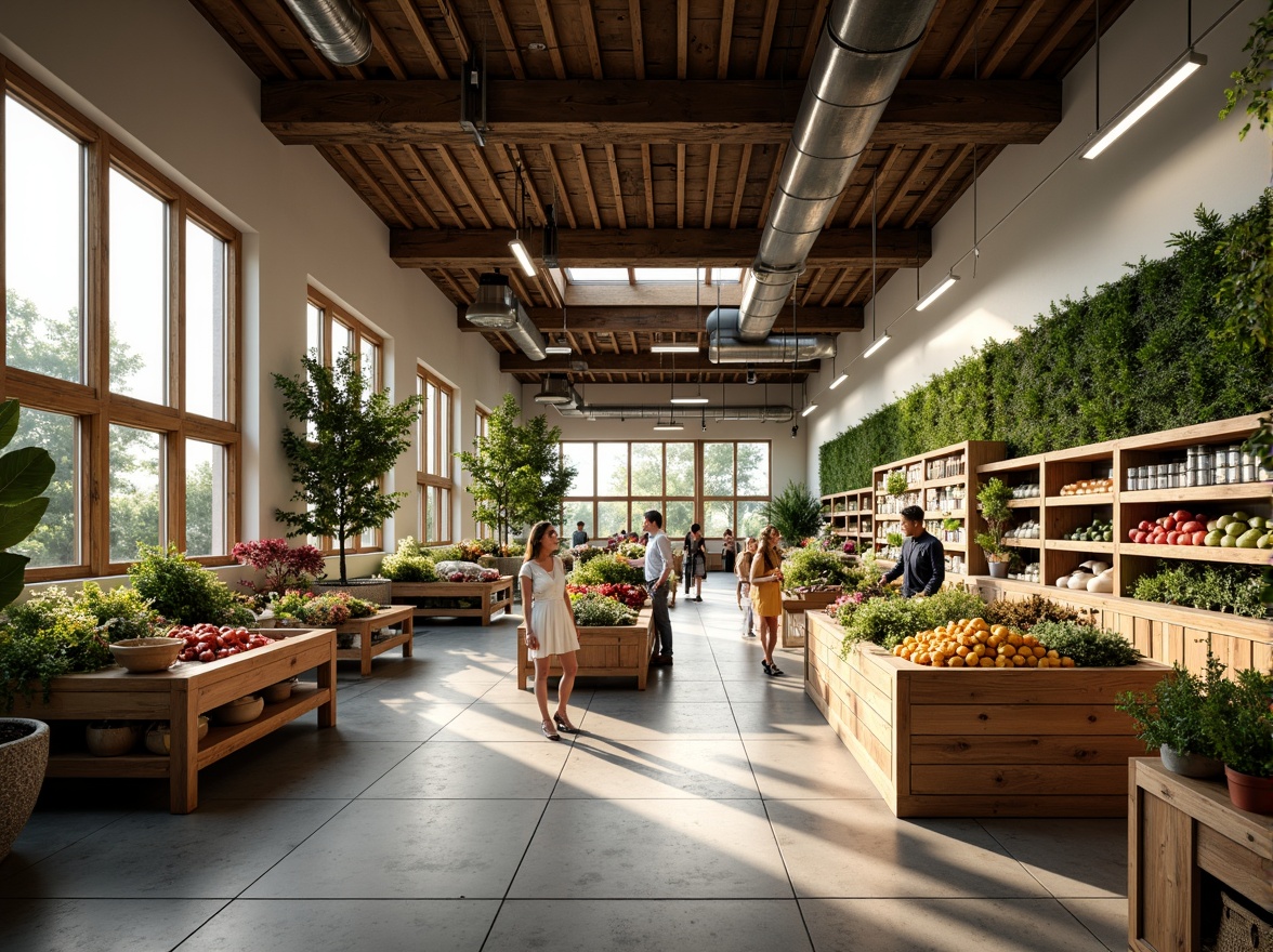 Prompt: Eco-friendly grocery store, natural materials, reclaimed wood shelves, energy-efficient lighting, solar panels, green roofs, living walls, organic produce stands, local farmer's market, zero-waste packaging, composting systems, recycling facilities, minimalist decor, industrial chic aesthetic, polished concrete floors, exposed ductwork, large windows, abundant natural light, warm color scheme, inviting atmosphere, shallow depth of field, 3/4 composition, realistic textures, ambient occlusion.