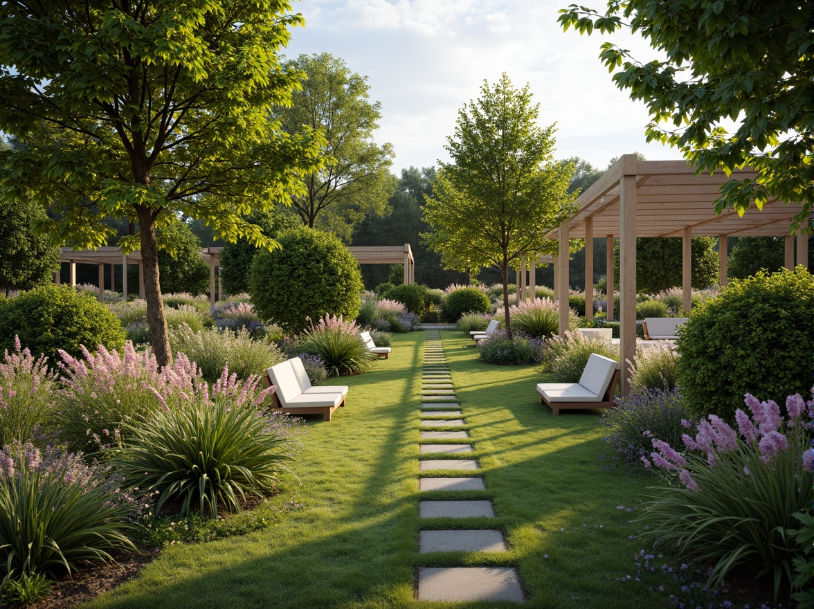 Prompt: Vibrant botanical garden, lush greenery, pastel flower blooms, soft warm lighting, natural stone pathways, wooden benches, elegant trellises, subtle texture contrasts, 3/4 composition, shallow depth of field, panoramic view, realistic vegetation, ambient occlusion, earthy tone color scheme, soothing blue-green hues, creamy whites, rich wood tones.