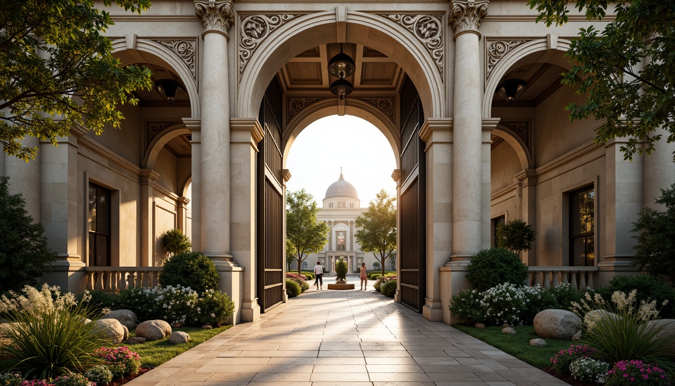 Prompt: Grand archway entrance, ornate stone carvings, majestic columns, refined metalwork details, symmetrical composition, elegant landscaping, lush greenery, vibrant flowers, serene water features, soft warm lighting, shallow depth of field, 3/4 composition, panoramic view, realistic textures, ambient occlusion.