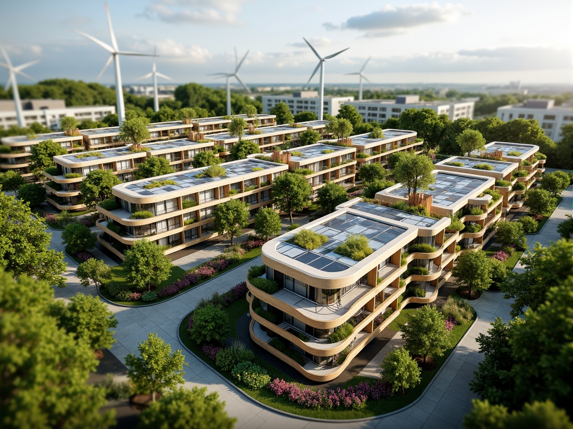 Prompt: Eco-friendly buildings, green roofs, solar panels, wind turbines, rainwater harvesting systems, recycled materials, low-carbon footprint, natural ventilation, passive solar design, living walls, urban gardens, bamboo facades, reclaimed wood structures, energy-efficient appliances, minimal waste generation, sustainable water management, organic landscaping, native plant species, bird-friendly windows, insect hotels, community engagement spaces, educational signage, interactive exhibits, immersive experiences, 360-degree views, soft natural lighting, shallow depth of field, 2/3 composition.