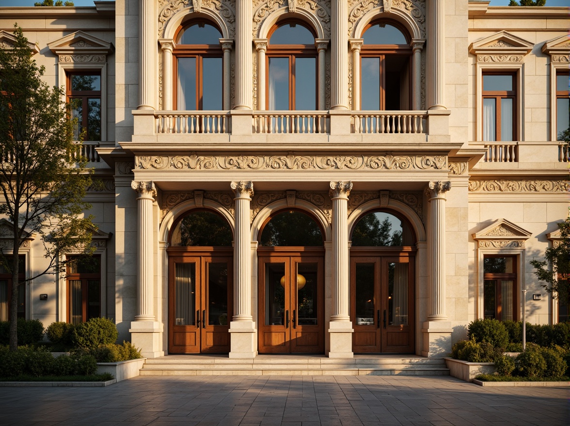 Prompt: Grandiose palace facade, ornate stone carvings, rusticated quoins, arched windows, Corinthian columns, classical pilasters, symmetrical composition, warm golden lighting, shallow depth of field, 1/1 aspect ratio, richly textured stonework, subtle color gradations, intricate moldings, carved wooden doors, decorative ironwork, ornamental balustrades, grand entranceways, lavish ornamentation, highly detailed architecture, soft focus on background, natural ambient occlusion.