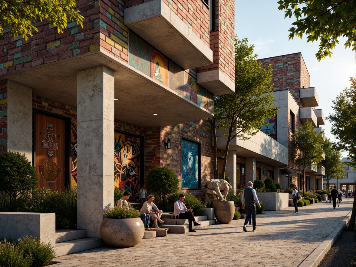 Prompt: Vibrant eclectic building facade, distressed brick walls, ornate metalwork details, reclaimed wood accents, colorful mosaic tiles, irregular stone patterns, rugged concrete textures, lush greenery overgrowth, artistic graffiti murals, abstract sculptures, warm golden lighting, shallow depth of field, 1/2 composition, realistic materials rendering, atmospheric perspective.